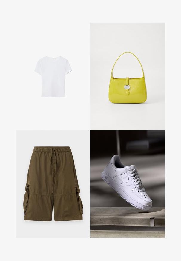 Biela kratká dámska tričko s krátkym rukávom vyrobené z mäkkej látky. Má okrúhly výstrih a jednoduchý, čistý dizajn so rovnými okrajmi.; Olive zelené cargo šortky vyrobené z ľahkého materiálu. Majú elastický pás, šnúrku a dve bočné cargo vrecká.; Biele tenisky Nike Air Force 1 vznášajúce sa nad betónovým povrchom so tieňmi v minimalistickom prostredí.; Žltá lakovaná kožená kabelka so štruktúrovaným tvarom, horným držadlom a predným zacvakávacím uzáverom s kruhovým kovovým logom.