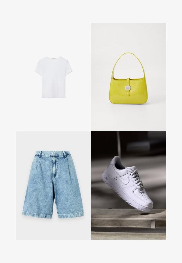 Hvid kortærmet t-shirt lavet af blødt stof. Har en rund halsudskæring og et simpelt, rent design med en lige underkant.; Lys blå denimshorts med en afslappet pasform, der har en frontlynlås, bæltestropper og en subtil falmet tekstur. Afsluttede kanter fuldender designet.; Hvid Nike Air Force 1 sneaker svævende over en betonoverflade med skygger i et minimalistisk miljø.; Gul laklæder håndtaske med en struktureret form, en topgreb og en frontklap med trykknap og en cirkulær metal logo accent.