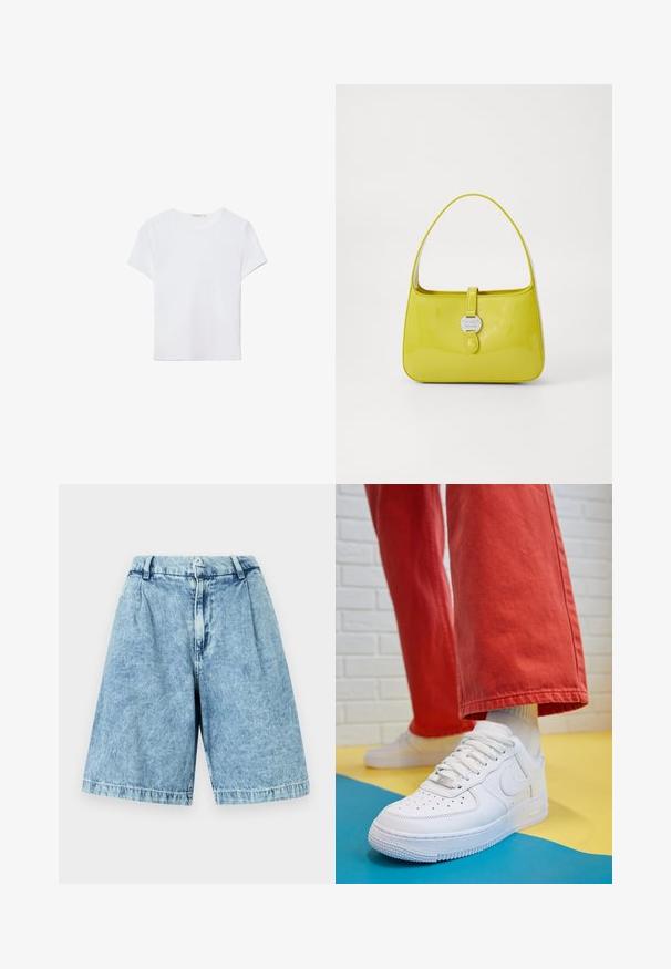 Bílá tričko s krátkým rukávem vyrobené z měkké látky. Má kulatý výstřih a jednoduchý, čistý design s rovnou spodní částí.; Světle modré džíny šortky s uvolněným střihem, vybavené předním zipem, poutky na opasek a jemně vybledlým vzhledem. Ořezané okraje dotvářejí design.; Bílé kožené tenisky s perforovanou špičkou, texturovanou podešví a bílými tkaničkami, v kombinaci s širokými červenými kalhotami a modro-žlutým pozadím.; Žlutá lakovaná kabelka se strukturovaným tvarem, horním uchem a předním uzavíráním na patent s kruhovým kovovým logem.