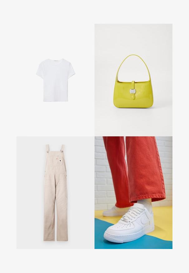 Biela kratká dámska tričko s krátkym rukávom vyrobené z mäkkej látky. Má okrúhly výstrih a jednoduchý, čistý dizajn so rovnými okrajmi.; Bežové denimové respirátory s nastaviteľnými ramienkami, prednou náprsnou vreckom a logom. Priame nohy, hladká textúra a bez ozdôb.; Biele kožené tenisky s perforovanou špičkou, textúrovanou podrážkou a bielymi šnúrkami, spárované so širokými červenými nohavicami na modrom a žltom pozadí.; Žltá lakovaná kožená kabelka so štruktúrovaným tvarom, horným držadlom a predným zacvakávacím uzáverom s kruhovým kovovým logom.