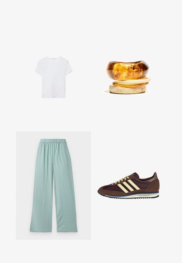 Bela kratka majica s kratkimi rokavi, izdelana iz mehkega materiala. Ima okroglo izrez in preprost, čist dizajn s ravnim robom.; Svijetlozelene, široke hlače izrađene od mekanog materijala, s elastičnim pojasom i suptilnom teksturom, dizajnirane za udobnost i lakše kretanje.; Rjavi in rdeče-burgundske teniske iz usnja in mrežastega materiala, ki imajo tri smetane stripe, teksturirano blago na jeziku in gumijast podplat.; Dva prstana, en na vrhu in drugi na dnu. Zgornji prstan je jantarne barve z vrtinčastimi vzorci, spodnji pa je svetlo bež barve; oba sta gladka in sijoča iz smole.