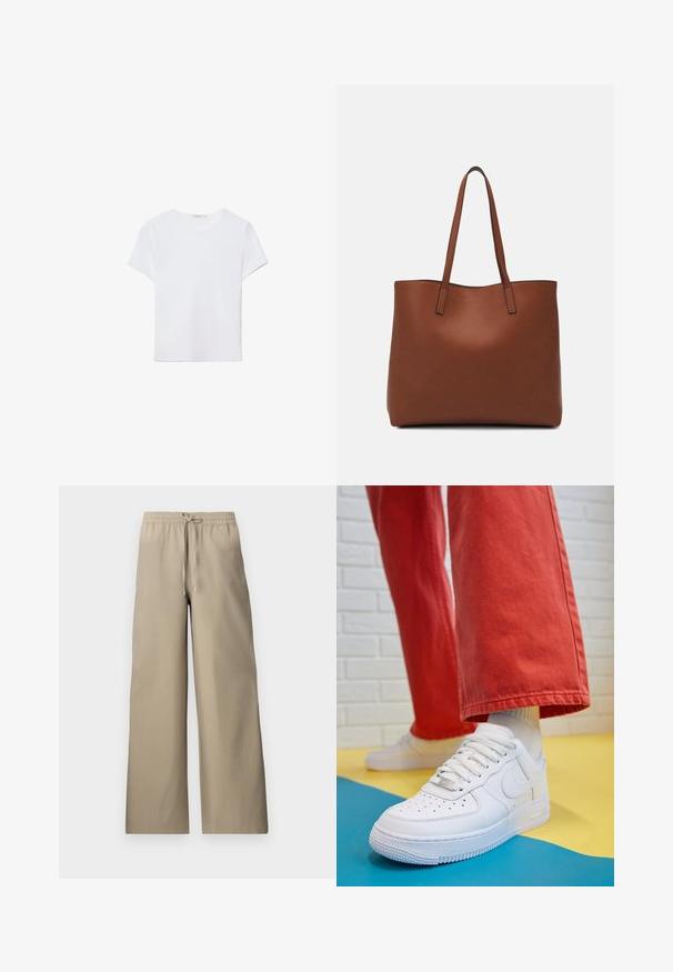 Hvid kortærmet t-shirt lavet af blødt stof. Har en rund halsudskæring og et simpelt, rent design med en lige underkant.; Beige vidde bukser med elastisk talje og snor, med en glat stofoverflade og sidelommer.; Hvide lædersneakers med perforeret tå-kasse, tekstureret sål og hvide snørebånd, parret med brede røde bukser og en blå-gul baggrund.; Brun læder tote taske med en glat overflade, åben topdesign og to skulderremme. Har minimal syning og ingen synlig hardware.