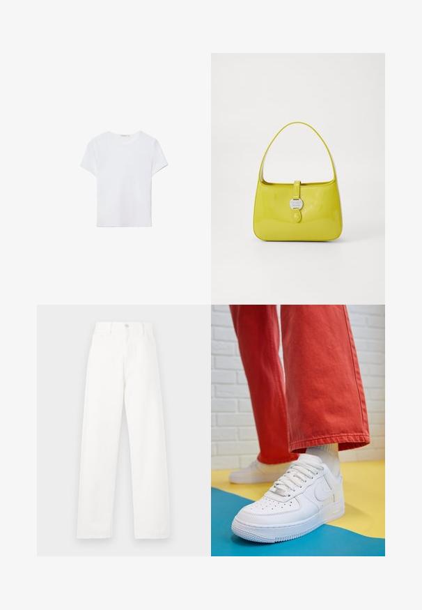 Bela kratka majica s kratkimi rokavi, izdelana iz mehkega materiala. Ima okroglo izrez in preprost, čist dizajn s ravnim robom.; Bela denim hlače z visokim pasom, ravnim krojem, vidnim šivom, petimi žepi in kovinskim gumbom za zapiranje.; Beli usnjeni športni čevlji s perforiranim prstnim delom, teksturiranim podplatom in belimi vezalkami, v kombinaciji s širokimi rdečimi hlačami in modro-rumeno ozadje.; Rumena lakirana usnjena torbica s strukturirano obliko, zgornjim ročajem in sprednjim zapiranjem na pritisni gumb, ki ima okroglo kovinsko logotipno okrasje.