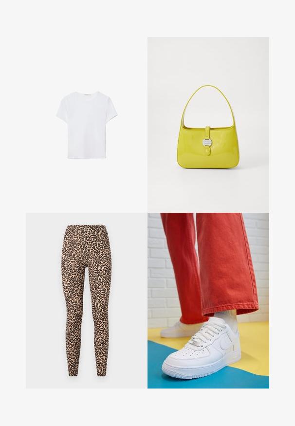 Bijela majica kratkih rukava izrađena od mekanog materijala. Ima okrugli izrez i jednostavan, čist dizajn s ravnim rubom.; Leggings s uzorkom leopard, s bež pozadinom, koji imaju visok pojas, prilagođeni dizajn i glatku, rastezljivu teksturu.; Bijele kožne tenisice s perforiranim prednjim dijelom, teksturiranim đonom i bijelim vezicama, u kombinaciji s širokim crvenim hlačama i plavo-žutom pozadinom.; Žuta patentirana kožna torbica s strukturiranim oblikom, gornjom drškom i prednjim zakretnim zatvaračem s kružnim metalnim logotipom.