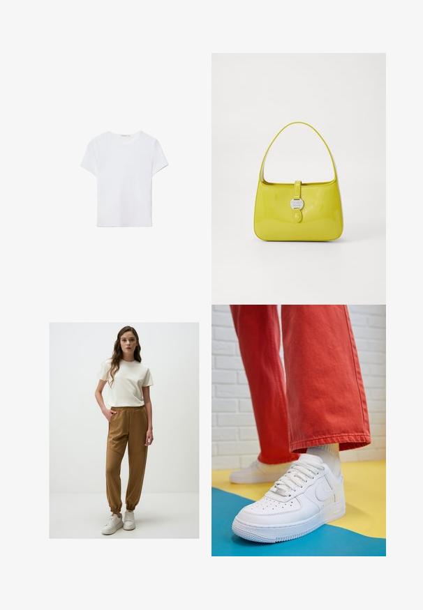 T-shirt blanc à manches courtes en tissu doux. Dispose d'un col rond et d'un design simple et épuré avec un ourlet droit.; T-shirt beige clair à manches courtes associé à un pantalon de jogging marron, fuselé, avec une taille élastique et des chevilles côtelées. Des baskets blanches complètent le look.; Baskets blanches en cuir avec une boîte à orteils perforée, semelle texturée et lacets blancs, associées à un large pantalon rouge et un fond bleu et jaune.; Sac à main en cuir verni jaune à la forme structurée, avec une poignée supérieure et une fermeture à pression à l'avant, ornée d'un accent en métal circulaire portant un logo.