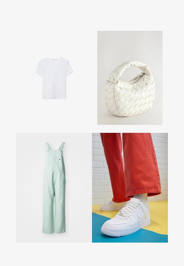 White short-sleeve t-shirt made of soft fabric. Features a round neckline and a simple, clean design with a straight hemline.; Light mint green overalls made from sturdy fabric, featuring adjustable shoulder straps, a chest pocket, and two side pockets.; White leather sneaker with perforated toe box, textured sole, and white laces, paired with wide red pants and a blue and yellow background.; White woven handbag with a rounded handle, featuring a zipper closure and a padded texture. Smooth finish and geometric pattern on the surface.