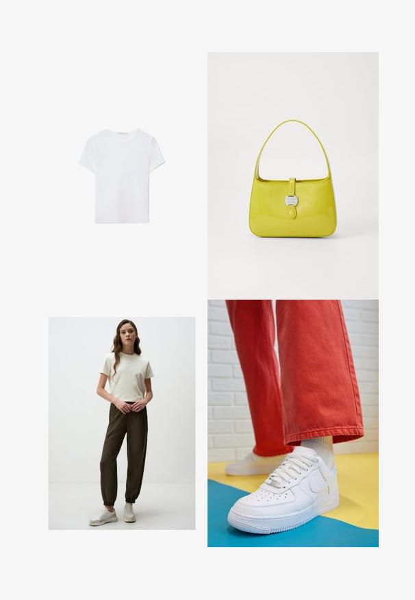 White short-sleeve t-shirt made of soft fabric. Features a round neckline and a simple, clean design with a straight hemline.; White cotton t-shirt paired with dark green jogger pants featuring elastic cuffs and side details. Footwear includes white sneakers with beige accents.; White leather sneaker with perforated toe box, textured sole, and white laces, paired with wide red pants and a blue and yellow background.; Yellow patent leather handbag with a structured shape, a top handle, and a front snap closure featuring a circular metal logo accent.