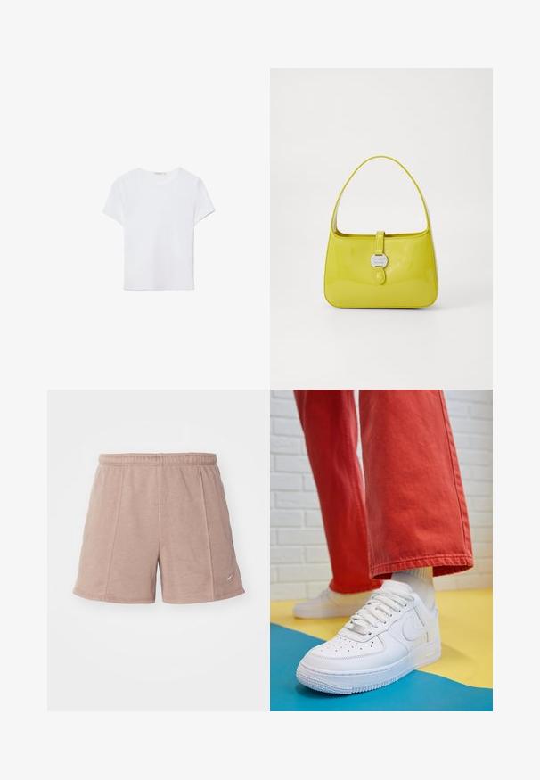 Bílá tričko s krátkým rukávem vyrobené z měkké látky. Má kulatý výstřih a jednoduchý, čistý design s rovnou spodní částí.; Světle růžové sportovní šortky vyrobené z měkké látky s elastickým pasem. Mají boční švy a malé logo na dolní pravé straně.; Bílé kožené tenisky s perforovanou špičkou, texturovanou podešví a bílými tkaničkami, v kombinaci s širokými červenými kalhotami a modro-žlutým pozadím.; Žlutá lakovaná kabelka se strukturovaným tvarem, horním uchem a předním uzavíráním na patent s kruhovým kovovým logem.