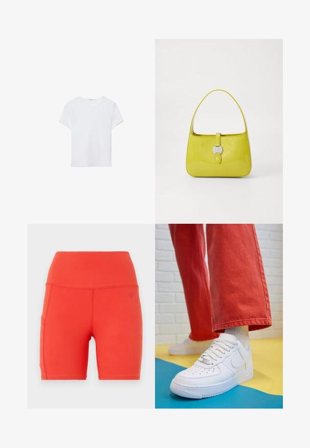 Witte T-shirt met korte mouwen, gemaakt van zachte stof. Heeft een ronde halslijn en een eenvoudig, strak ontwerp met een rechte zoom.; Rode sportshorts met een hoge tailleband, gemaakt van glad, rekbaar materiaal. Voorzien van een zijzak en een klein, ingedrukt logo.; Witte leren sneaker met geperforeerde teenbox, gestructureerde zool en witte veters, gecombineerd met wijde rode broeken en een blauw-geel achtergrond.; Geel leren handtas van patenta textiel met een gestructureerde vorm, een bovenhandvat en een voorste drukknoopsluiting met een ronde metalen logo-accent.