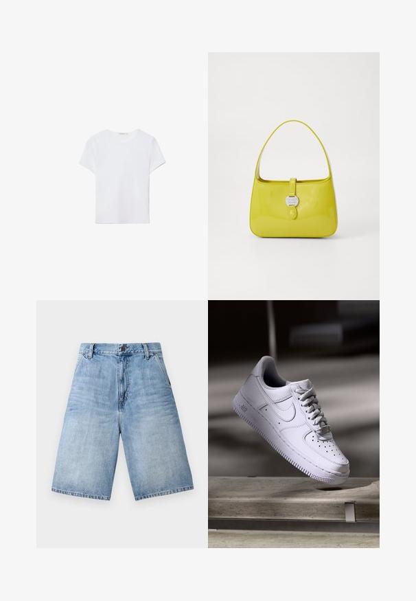 T-shirt bianco a maniche corte in tessuto morbido. Presenta un collo rotondo e un design semplice e pulito con un orlo dritto.; Bermuda in denim azzurro chiaro con vestibilità ampia, design a cinque tasche e chiusura con bottone in vita. Dettagli sfilacciati all'orlo delle gambe.; Sneaker bianca Nike Air Force 1 che levita sopra una superficie in cemento con ombre in un ambiente minimalista.; Borsa a mano in pelle verniciata gialla, con una forma strutturata, un manico superiore e una chiusura frontale a scatto con un accento in metallo circolare con logo.
