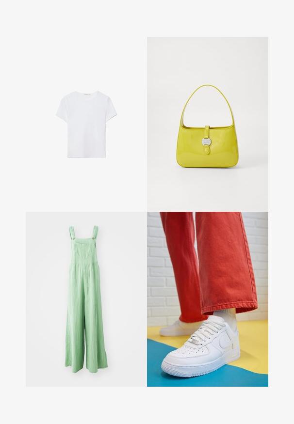 Biela kratká dámska tričko s krátkym rukávom vyrobené z mäkkej látky. Má okrúhly výstrih a jednoduchý, čistý dizajn so rovnými okrajmi.; Zelené široké overaly vyrobené z textúrovanej látky, s nastaviteľnými popruhmi a prednými vreckami so zlatožltými gombíkmi.; Biele kožené tenisky s perforovanou špičkou, textúrovanou podrážkou a bielymi šnúrkami, spárované so širokými červenými nohavicami na modrom a žltom pozadí.; Žltá lakovaná kožená kabelka so štruktúrovaným tvarom, horným držadlom a predným zacvakávacím uzáverom s kruhovým kovovým logom.