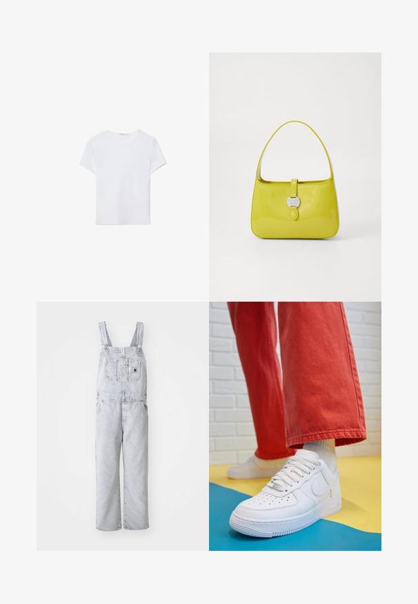 Valkoinen lyhythihainen t-paita, joka on valmistettu pehmeästä kankaasta. Sillä on pyöreä pääntie ja yksinkertainen, siisti muotoilu suoralla helman lopulla.; Harmaat denim-ylihaalit, joita on säädettävät hihnat, etutasku ja sivutaskut; löysä, suora lahkeinen malli; haalistunut pesu, jossa on minimaalista tekstuuria.; Valkoinen nahkakengät, joissa on rei'itetty varvasosa, teksturoitu pohja ja valkoiset nauhat, yhdistettynä leveisiin punaisiin housuihin ja sinikeltaiseen taustaan.; Keltainen lakatun nahkaisen käsilaukku, jolla on jäsennelty muoto, yläkahva ja edessä napsautettava suljenta, jossa on pyöreä metallinen logoosa.