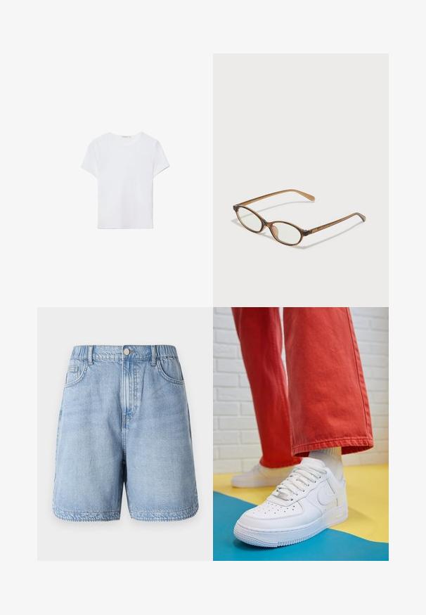 White short-sleeve t-shirt made of soft fabric. Features a round neckline and a simple, clean design with a straight hemline.; Light blue denim shorts with an elastic waistband, two front pockets, and a relaxed fit. Features subtle fading and topstitching details.; White leather sneaker with perforated toe box, textured sole, and white laces, paired with wide red pants and a blue and yellow background.; Brown tortoiseshell glasses with oval lenses, thin arms, and transparent accents. Features a subtle logo on the temple. Sleek, lightweight design.