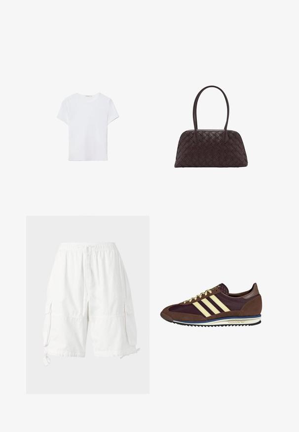 Vit t-shirt med kort ärm gjord av mjukt tyg. Har en rund halslinning och en enkel, ren design med en rak nederkant.; Vita cargoshorts med elastisk midja och dragsko, försedda med två sidofickor och justerbara nederkantband. Tillverkade av lättviktigt material.; Bruna och burgundy sneakers i mocka och mesh-material, med tre krämfärgade ränder, textil på tungan och en gummisula.; Vävd brun läderhandväska med rundad form, dubbla handtag på toppen och slät textur; har subtil sömnad för designdetaljer.