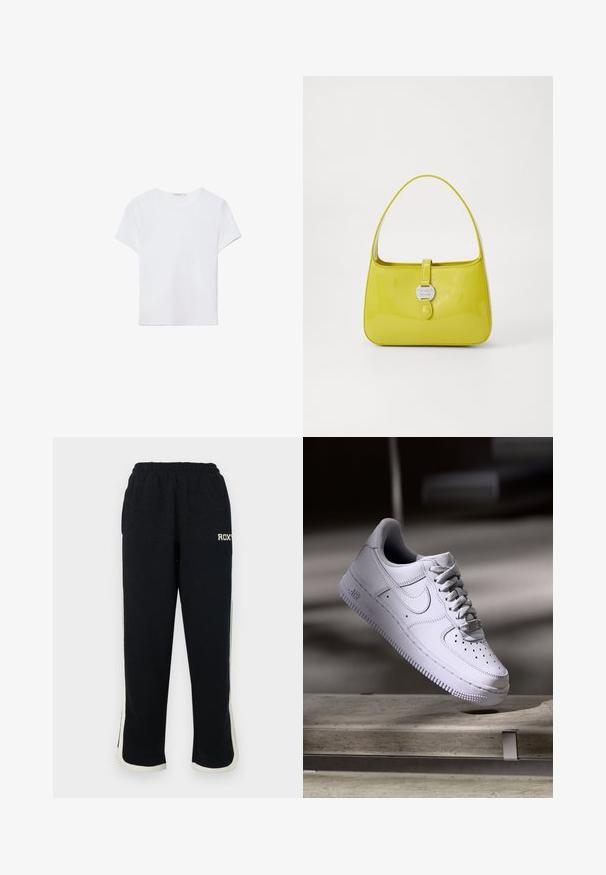 Biela kratká dámska tričko s krátkym rukávom vyrobené z mäkkej látky. Má okrúhly výstrih a jednoduchý, čistý dizajn so rovnými okrajmi.; Čierne tepláky s elastickým pásom, bielymi bočnými pruhmi a malým logom na prednej strane. Vyrobené z mäkkej, štruktúrovanej tkaniny.; Nike Sportswear AIR FORCE 1 07 - Tenisky - white; Žltá lakovaná kožená kabelka so štruktúrovaným tvarom, horným držadlom a predným zacvakávacím uzáverom s kruhovým kovovým logom.