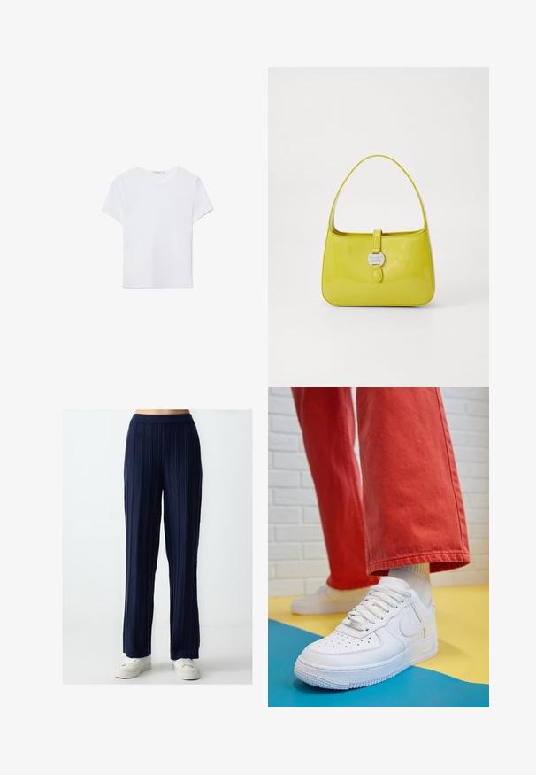 Weißes kurzärmliges T-Shirt aus weichem Stoff. Hat einen runden Halsausschnitt und ein einfaches, sauberes Design mit geradem Saum.; Marineblauweite Hose mit vertikaler Ripptextur, elastischem Bund und lockerer Passform, kombiniert mit weißen Freizeitsneakern.; Weiße Leder-Sneaker mit perforiertem Zehenbereich, strukturiertem Sohlen und weißen Schnürsenkeln, kombiniert mit weiten roten Hosen und einem blauen und gelben Hintergrund.; Gelbe lackierte Leder-Handtasche mit strukturiertem Design, einem oberen Griff und einem vorderen Druckverschluss, der mit einem kreisförmigen Metall-Logo-Akzent versehen ist.