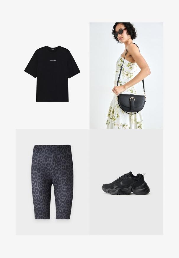 Čierne bavlnené tričko s voľným strihom. Má krátke rukávy a zaoblený výstrih. Na prednej strane je bielo umiestnený text "Pozitívne úprimne".; Čierne šortky s leopardím vzorom v rôznych odtieňoch šedej. Vyrobené z mäkkého, elastického materiálu s hladkou textúrou.; Čierne tenisky s kombináciou hladkých a textúrovaných materiálov, s hrubými podrážkami, zaobleným tvarom a dekoratívnym prešívaním. Majú mäkký, plyšový lem.; Čierna kožená kabelka s zaobleným tvarom, odnímateľným popruhom a zlatými doplnkami. Kabelka má klopu s detailom s prackou.