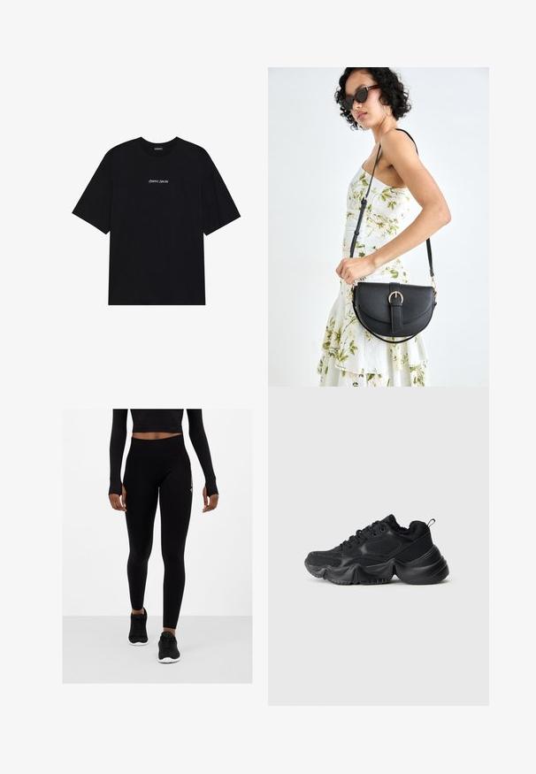 Črna bombažna majica s ohlapnim dizajnom. Ima kratke rokave in zaobljen izrez. Na sprednji strani je osrednji napis "Pozitivno Iskreno" v beli barvi.; Črne legice z visokim pasom, teksturirana tkanina in oprijet kroj, v kombinaciji s črnimi športnimi čevlji. Zgornji del je delno prekrit s kratkim topom.; Črne teniske z mešanico gladkih in teksturiranih materialov, debelimi podplati, zaobljenim oblikovanjem in dekorativnim šivom. Imajo mehak, puhast zavihek.; Črna usnjena torbica s ukrivljeno obliko, z odstranljivo naramnico in zlatimi dodatki. Torbica ima pokrov s podrobnostmi v obliki zaponke.