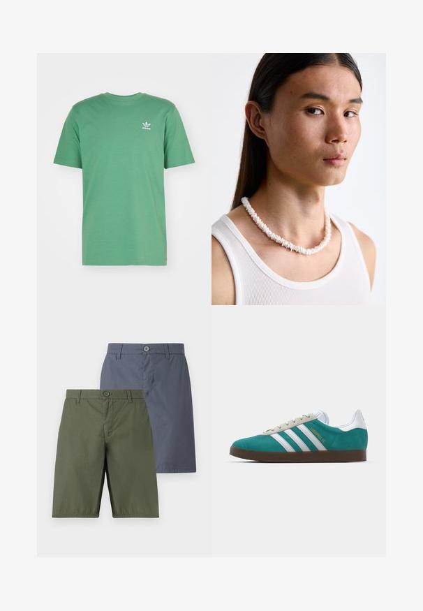 adidas Originals TREFOIL ESSENTIALS - Print T-shirt - preloved green; Two pairs of shorts: one olive green, one navy blue. Both feature a button closure, straight cut, and smooth fabric with a slight sheen.; adidas Originals ADIDAS GAZELLE SHOES - Indoor football boots - liverpool fc/sea green/footwear white; White shell necklace composed of irregular shapes, worn over a fitted white tank top. Smooth texture with subtle sheen, close-fitting design.