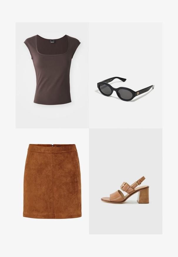 Ruda trumpų rankovių palaidinė su kvadratiniu iškirpimu, pagaminta iš lygaus audinio. Pasižymi prigludusia forma ir tvarkingais, apdirbtais kraštais.; Ruda sukurta mini sijonas su lygiu paviršiumi, tiesiu siluetu ir diskretišku užpakaliniu užtrauktuku. Pasižymi siūlių detalėmis, suteikiančiomis struktūrą.; Rudos odinės basutės su aukštu kulnu, plačiu priekiu juostele, reguliuojama kulkšnies juostele su auksiniu sagtimi ir tekstūruotu blokuotu kulnu.; Juodos ovalios saulės akinių su tamsiais lęšiais ir blizgia plastiko apvadu. Su auksiniu logotipu ant šventyklos, siūlo elegantišką ir modernų dizainą.; Juodas apklijuotas odinis krepšys su grandinės dirželiu, papuoštas kaukolės akcentais ir užtrauktuku. Strukturizuotas paviršius su blizgiu apdailu.