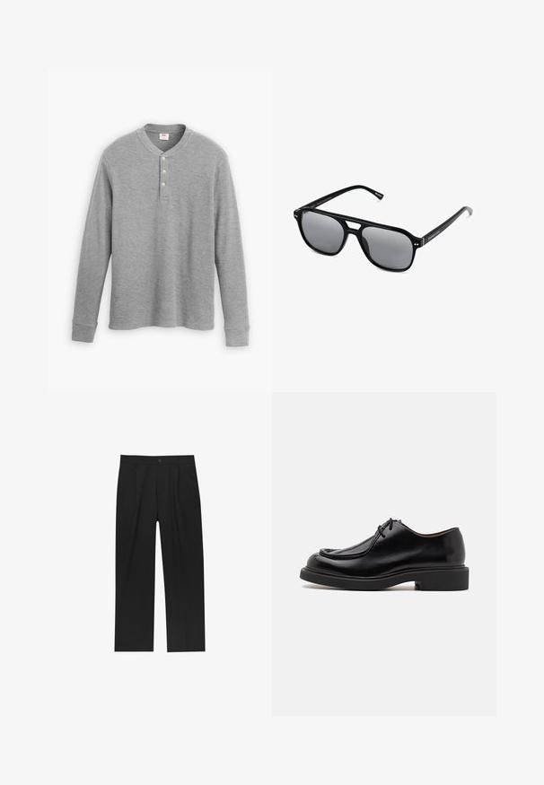 Šedá dlouhá rukávová henley košile vyrobená z jemného ribu, s tříknoflíkovou légou a kulatým výstřihem, mírně vypasovaného střihu.; Černé kalhoty s rovnými nohavicemi, vyrobené z hladké tkaniny. Mají přední záhyby a jedno knoflíkové zapínání v pase.; Černá kožená bota s zaoblenou špičkou, prošitými detaily, minimálními tkaničkami a silnou gumovou podrážkou pro trakci a odolnost.; Černé sluneční brýle s obdélníkovými rámy, šedými tónovanými skly a designem s výřezem ve střední části. Hladký, lesklý plastový materiál, s úzkými stranami.