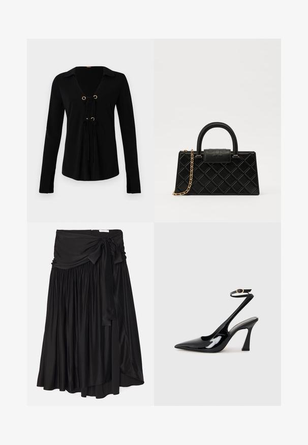 Chemise noire à manches longues avec un col en V, œillets dorés et liens ajustables à l'avant. Fabriquée en tissu doux avec une texture lisse.; Jupe noire en tissu lisse et fluide ; présente une large ceinture drapée avec un lien et des plis pour une silhouette aérienne.; Escarpins noirs en cuir verni avec un bout pointu, sangle ajustable à la cheville et un talon bloc modéré. Texture lisse avec finition brillante.; Sac à main noir en cuir texturé, avec un motif en diamant, une sangle en chaîne dorée, et une poignée supérieure avec un rabat à fermeture logotypée.