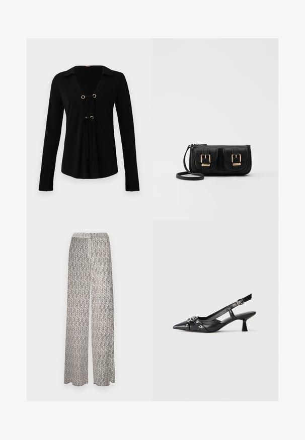 Cămașă neagră cu mânecă lungă și decolteu în V, cu ochiuri metalice aurii și șnururi ajustabile în față. Fabricată dintr-un material moale, cu o textură netedă.; Pantaloni cu picioare late dintr-un material ușor, cu un model abstract repetitiv în nuanțe pământii. Talie elastică pentru confort, fără detalii suplimentare.; Pantofii slingback din piele neagră, cu vârful ascuțit, curele decorative cu ochiuri din metal și toc bloc mic. Suprafață texturată.; Geantă neagră din piele, tip crossbody, cu două buzunare frontale, catarame aurii, închidere cu fermoar și o curea subțire. Suprafață texturată și formă rectangulară compactă.