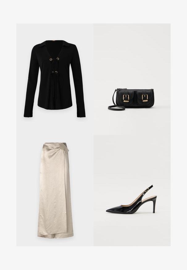 Must musterm ätukleidega must t-särk, millel on V-kaelus, kullatud neetide ja reguleeritavate sidemete ees. Valmistatud pehmest kangast, millel on sile tekstuur.; Pikk beez värvi seelik, mis on valmistatud läikivast ja tekstureeritud kangast. Omaduseks on tõmblukuga disain külgharuga ja puhas äär.; Must hõbedavärvi patendiga slingback kontsakingad terava varbaga, kitsas konts ja peene lõikega disain. Statistika on kuldne pandla rihmal.; Must küllastamata nahast õlakott, millel on kaks esist nähtavat taskut, kuldsed pandlad, tõmblukuga sulgemine ja peen rihm. Tekstuuriga pind ja kompaktne ristkülikukujuline kuju.