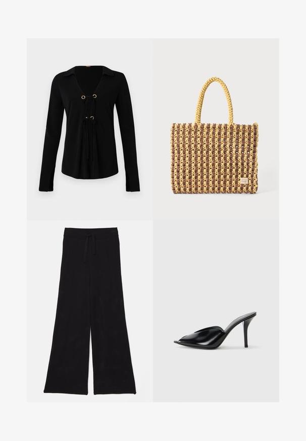 Melna garām piedurknēm kreklā ar V veida kakla izgriezumu, zelta metāla grometēm un regulējamām saitēm priekšpusē. Izgatavots no mīkstas auduma ar gludu tekstūru.; Melni, plaši, garie bikses izgatavotas no sietveida auduma ar auklu jostas vietā. Šī tekstūra ir elpojoša un viegla, piemērota ikdienas valkāšanai.; Melnas ādas augstpapēžu mūlas ar atvērtu purngalu, vērptu dizainu, gludu tekstūru un šauru stilletu papēdi.; Auduma soma brūnā un dzeltenā krāsā, ar taisnstūra formu, divām rokturu siksnām un teksturētu apdari ar redzamām šuvēm un zīmola birku.