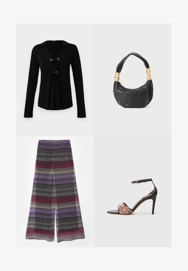 Črna dolg rokav majica z V-izrezom, zlatimi očesi in nastavljivimi vezicami spredaj. Narejena iz mehke tkanine z gladko teksturo.; Missoni Hlače - multicolored/red/lilac; Črne natikače s peto in trakcem okoli gležnja. Imajo teksturiran, večbarven drog čez prste. Gladek usnjen zaključek.; Črna usnjena torbica okrogle oblike, mehke teksture, z vozlanim ročajem in zlatimi kovinskimi dodatki. Zadrga za zapiranje.