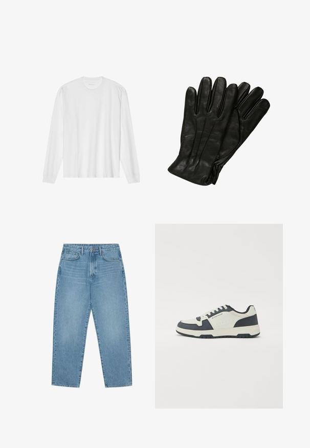 Pika, pikkide varrukatega valge puuvillane T-särk, millel on ümar kaelus ja soonikkoes mansetid. Lihtne, kaunistusteta disain, mis hõlmab siledat tekstuuri ja standardset sobivust.; Heledad tumesinised lai jalgadega teksad kõrge vöökohtaga, millel on viis taskut, vöökohad ja pehme, kergelt pleekinud tekstuur.; Tumed ja heledat hallid spordijalatsid, mille pealmine osa on valmistatud nahast ja nubukist, pehmendatud keelega ja paelaga kinni seotud disain. Kummik/ kummist talla alla on mustri koormus.; Mustad mustraga kinnaste komplekt, millel on sile tekstuur, viis sõrme ja peened õmblused. Klassikaline disain, sobib külmade ilmade kasutamiseks.