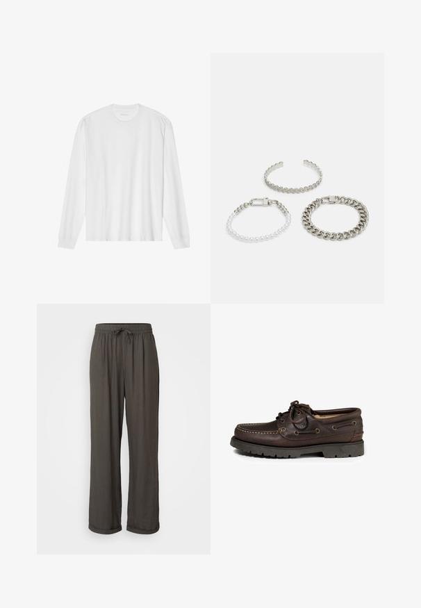 Dlhý rukáv, biela bavlnená tričko s okrúhlym výstrihom a rebrovanými manžetami. Jednoduchý, bezvýzdobový dizajn s hladkou textúrou a štandardným strihom.; Tmavošedé nohavice s voľným strihom a šnúrkou v páse, vyrobené z mäkkej, textúrovanej tkaniny, s rolovanými manžetami na členkoch.; Hnedé kožené lodenice s okrúhlou špičkou, so šitím a kovovými očkami na šnúrky. Gumová podrážka s dezénom.; Trie náramky: strieborný náramok s cik-cak hranami, náramok s bielymi a striebornými korálkami a robustný kovový náramok s uzáverom.