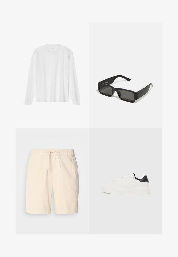 Hosszú ujjú fehér pamut póló, kerek nyakkivágással és bordázott mandzsettákkal. Egyszerű, díszítés nélküli dizájn, sima tapintással és normál fazonnal.; Beige színű pamut rövidnadrág elasztikus derékrésszel és állítható zsinórral, oldalzsebbel és laza szabással.; Fehér bőr sportcipő, dombornyomott mintával, texturált fehér középtalppal és fekete sarokbetéttel. Kerek orrú és lapos fűzőkkel rendelkezik.; Fekete napszemüveg, téglalap alakú lencsékkel, matt műanyag vázzal és egyenes vonalakkal. A belső karon található a márka logója.