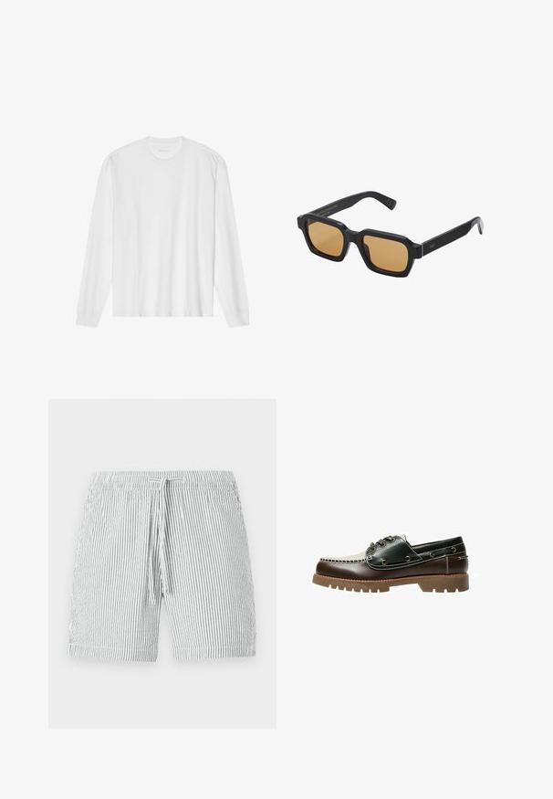 Tricou alb din bumbac, cu mânecă lungă, gât rotund și manșete ribotate. Design simplu, fără ornamentație, cu o textură netedă și o croială standard.; Trunchi de înot cu dungi în gri și alb, cu un elastic la talie, design de lungime medie și material moale, ușor.; Pantof cu bărci din piele maro și verde, cu un design cusut alb, șireturi rotunde și o talpă din cauciuc texturată. Construcție durabilă cu orificii pentru șireturi din metal.; Generare alt-text eșuată