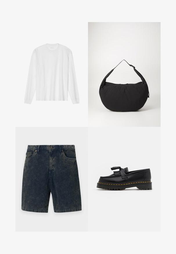 Langærmet hvid bomuldstrøje med rund hals og ribbede manchetter. Enkel, umasket design med en glat tekstur og standard pasform.; Mørkeblå corduroy shorts med knaplukning, to forlommer og subtile lysere striber på stoffet.; Sort læderloafer med en frynsedetalje, der har en kraftig sort sål og gul syninger langs kanten. Teksturert overflade.; Sort stof skuldertaske med en buet form, udstyret med en enkelt rem og en lynlås lukning. Blød tekstur, minimalistisk design.