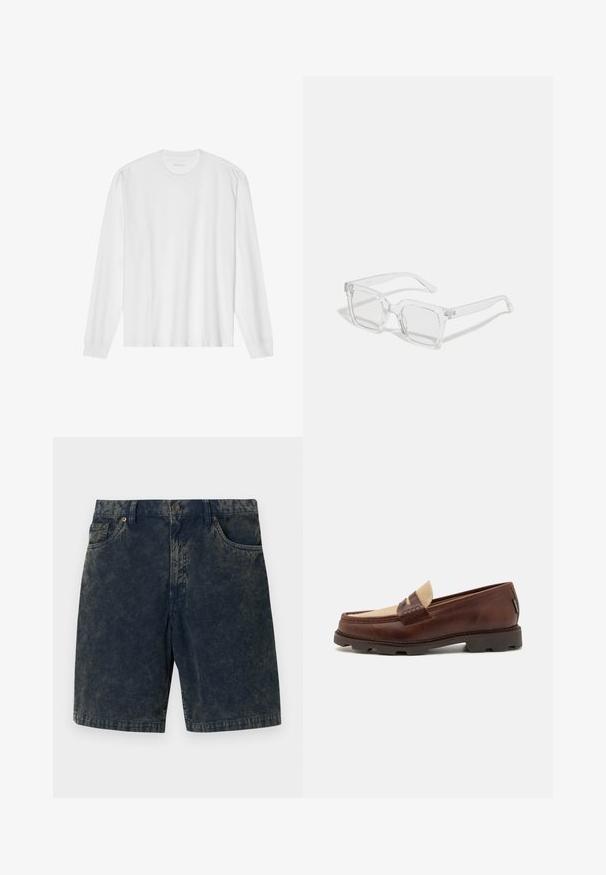 Langärmliges weißes Baumwoll-T-Shirt mit Rundhalsausschnitt und gerippten Bündchen. Einfaches, ungeschmücktes Design mit glatter Textur und normaler Passform.; Dunkelblaue Cordshorts mit Knopfverschluss, zwei vorderen Taschen und dezenten helleren Streifen über dem Stoff.; Braune Lederloafer mit einem taupefarbenen Canvas-Akzent, genähten Details und einer strukturierten Gummisohle, die für Komfort und Langlebigkeit ausgelegt ist.; Klare rechteckige Sonnenbrille mit einem dicken Kunststoffrahmen, die leicht getönte Gläser und keine zusätzlichen Muster oder Akzente aufweist.; Set aus fünf silbernen Ringen mit verschiedenen Designs: ein Kettenmuster, ein glatter Ring, ein gepunkteter Ring und offene Akzente.