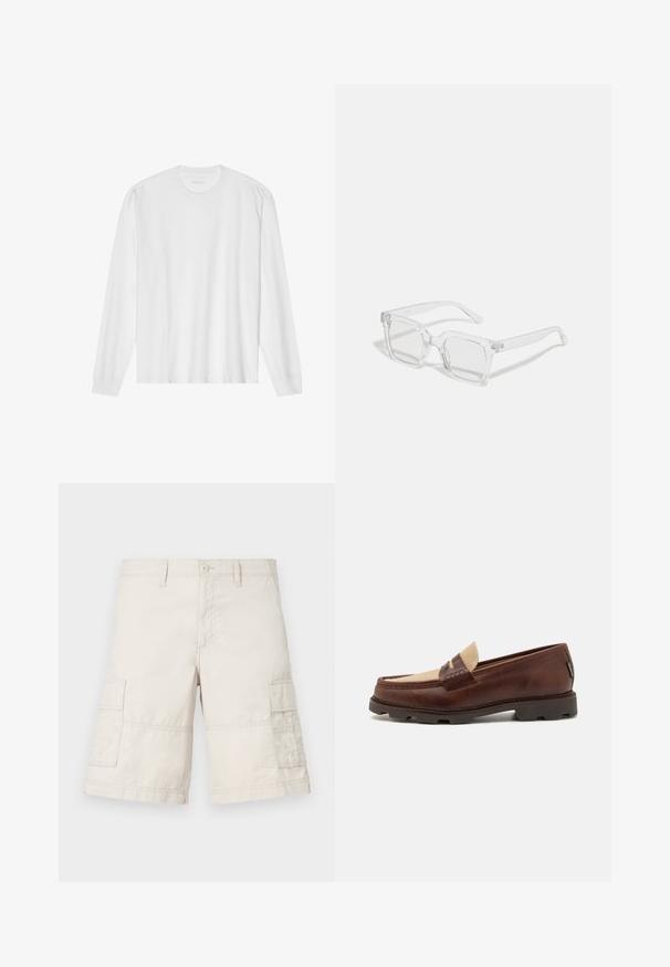 Bílá bavlněná trička s dlouhými rukávy, kulatým výstřihem a žebrovanými manžetami. Jednoduchý, nezdobený design, s hladkou strukturou a standardním střihem.; Béžové cargo šortky vyrobené z lehké bavlny, s dvěma bočními kapsami, předním zapínáním na knoflík a detaily šití.; Hnědé kožené mokasíny s taupe plátěným akcentem, prošívanými detaily a texturovanou gumovou podrážkou navrženou pro pohodlí a odolnost.; Průhledné obdélníkové sluneční brýle s tlustým plastovým rámem, vybavené mírně zrcadlovými čočkami a bez dalších vzorů či akcentů.; Sada pěti stříbrných prstenů s různými vzory: řetězový vzor, hladký kroužek, tečkovaný kroužek a s akcenty s průstřihy.