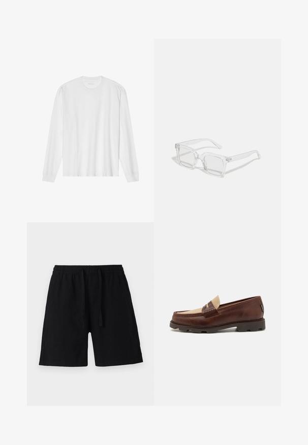 Bílá bavlněná trička s dlouhými rukávy, kulatým výstřihem a žebrovanými manžetami. Jednoduchý, nezdobený design, s hladkou strukturou a standardním střihem.; Černé šortky vyrobené z lehkého materiálu s elastickým pasem a šňůrkou. Mají volný střih a žádné viditelné kapsy.; Hnědé kožené mokasíny s taupe plátěným akcentem, prošívanými detaily a texturovanou gumovou podrážkou navrženou pro pohodlí a odolnost.; Průhledné obdélníkové sluneční brýle s tlustým plastovým rámem, vybavené mírně zrcadlovými čočkami a bez dalších vzorů či akcentů.; Sada pěti stříbrných prstenů s různými vzory: řetězový vzor, hladký kroužek, tečkovaný kroužek a s akcenty s průstřihy.