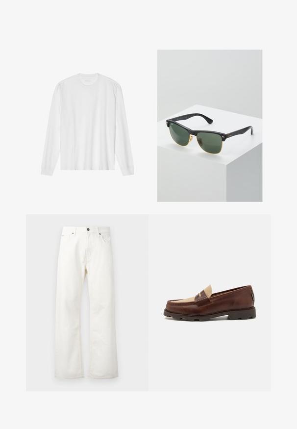 Pitkähihaisen valkoisen puuvillapaidan, jossa on pyöreä kaula-aukko ja ribbaus hihansuissa. Yksinkertainen, koristeltu design, jossa on sileä rakenne ja normaali istuvuus.; Valkoiset levenevät farkut denimkankaasta, joissa on normaali vyötärö, etutaskut ja nappikiinnitys. Kankaan pinta on tekstuuri ja puhdas viimeistely.; Bordeaux nahkahiusut, joissa on harmahtava kangasasennus, tikkausyksityiskohtia ja teksturoitu kumipohja, joka on suunniteltu mukavuutta ja kestävyyttä varten.; Ray-Ban aurinkolasit, joissa on vihreät linssit, mustat muovikehykset ja kultaiset yksityiskohdat reunoilla. Neliön muoto, jossa on mattapinta.