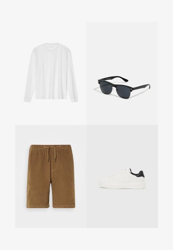 Dugi rukavi bijela pamučna majica s okruglim izrezom i rebrastim manžetama. Jednostavan, neukrašen dizajn, s glatkom teksturom i standardnim krojem.; Smeđi korduroj šorts s elastičnim pojasom i vezicom, sa ravnim krojem i prevrnutim rubovima. Jednostavan dizajn, teksturirani materijal.; Bijela kožna tenisica s utisnutim uzorkom, teksturiranom bijelom potplatom i crnim naglaskom na peti. Ima zaobljen nos i ravne vezice.; Crne sunčane naočale pravokutnog oblika, tamne leće, srebrni detalji na sljepoočnicama i matirajuća završna obrada okvira.