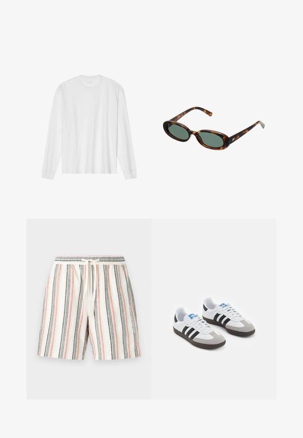 Biała bawełniana koszulka z długim rękawem z okrągłym dekoltem i ściągaczami. Prosty, nieozdobny design, charakteryzujący się gładką fakturą i standardowym krojem.; Szorty w paski wykonane z lekkiego materiału, z pionowymi paskami w kolorach białym, różowym, szarym i czarnym, z elastycznym pasem i sznurkiem do regulacji.; Buty sportowe z białą skórzaną cholewką, szarym zamszowym noskiem i trzema czarnymi paskami. Posiadają niebieskie logo na języku oraz teksturowaną gumową podeszwę.; Okulary przeciwsłoneczne w kolorze tortoise z owalnymi oprawkami i zielonymi soczewkami. Posiadają cienkie zauszniki z metalowym akcentem przy zawiasach.