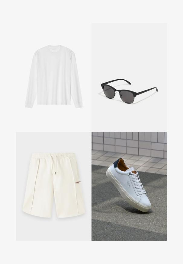 Bílá bavlněná trička s dlouhými rukávy, kulatým výstřihem a žebrovanými manžetami. Jednoduchý, nezdobený design, s hladkou strukturou a standardním střihem.; Krémové šortky vyrobené z měkké látky, s elastickým pasem, stahovací šňůrkou, bočními kapsami a malým červeným logem na boku.; Bílé kožené tenisky s námořnickým podpatkem, kulatou špičkou a kontrastními hnědými detaily. Obsahují ploché tkaničky a texturovanou gumovou podrážku.; Černé sluneční brýle s kulatými skly, matným povrchem a charakteristickým tvarovým kočičím okem. Úzké nožičky s nenápadným logem na levém rámu.