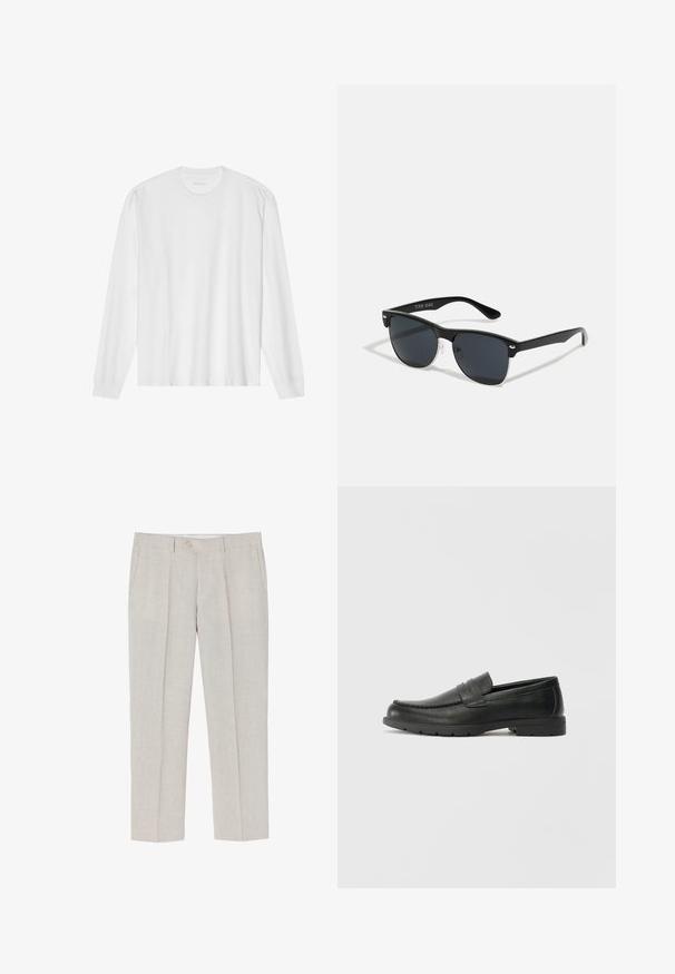 Langærmet hvid bomuldstrøje med rund hals og ribbede manchetter. Enkel, umasket design med en glat tekstur og standard pasform.; Lyse beige linned bukser med lige ben, subtil tekstur, to frontlommer og en enkelt knaplukning i taljen.; Sorte læderslippers med en glat finish, mokkasin-stil overdel, syninger og gummisål. Klassisk design med en lav hæl.; Sorte solbriller med rektangulær form, mørke linser, sølvdetaljer ved tindingerne og en mat finish på stellet.