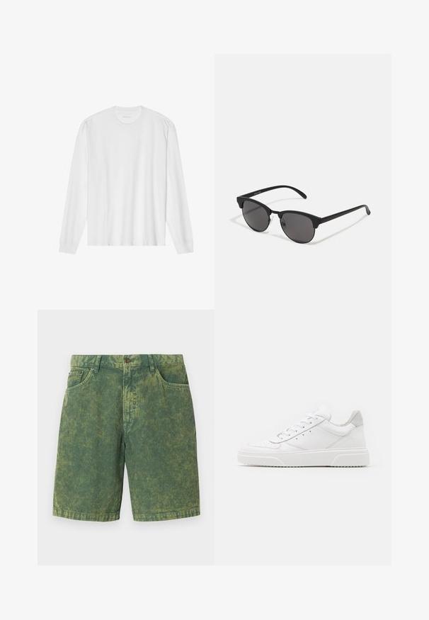 Tricou alb din bumbac, cu mânecă lungă, gât rotund și manșete ribotate. Design simplu, fără ornamentație, cu o textură netedă și o croială standard.; Pantaloni scurți din corduroy verde, cu un model texturat în dungi, design cu cinci buzunare și închidere cu nasture. Accente mai deschise subtile pe tot parcursul.; Adidași din piele albă cu un finisaj neted, vârf rotunjit, șireturi plate și o talpă texturată. Accente din piele întoarsă gri la călcâi.; Ochelari de soare negri cu lentile rotunde, finisaj mat și o formă distinctivă de cat-eye. Brațe subțiri cu un branding subtil pe templul stâng.
