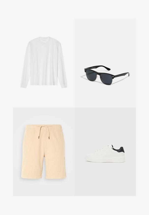 Long-sleeve white cotton t-shirt with a crew neck and ribbed cuffs. Simple, unembellished design, featuring smooth texture and standard fit.; Beige corduroy shorts with an elastic waistband and drawstring. Features side pockets and a straight cut. Soft texture and smooth finish.; White leather sneaker with embossed pattern, textured white midsole, and black heel accent. Features rounded toe and flat laces.; Black sunglasses with a rectangular shape, dark lenses, silver accents at the temples, and a matte finish on the frame.