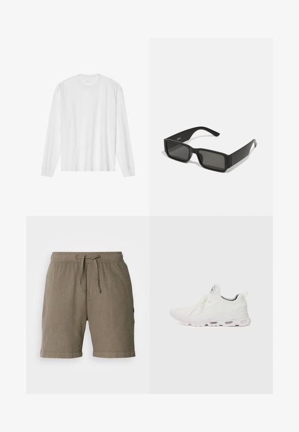 Wit katoenen t-shirt met lange mouwen, ronde hals en geribbelde manchetten. Eenvoudig, onopgesmukt ontwerp met een gladde textuur en een standaard pasvorm.; Beige linnen shorts met een elastische tailleband en koord. Voorzien van zijzakken en omgeslagen randen voor een ontspannen pasvorm.; Witte sportieve schoenen met een gestructureerde gebreide bovenkant, platte veters en een gevoerde zool met zichtbare luchtkamers voor extra ondersteuning.; Zwarte zonnebril met rechthoekige lenzen, matte plastic montuur en rechte randen. Bevat het merkteken op de binnenarm.