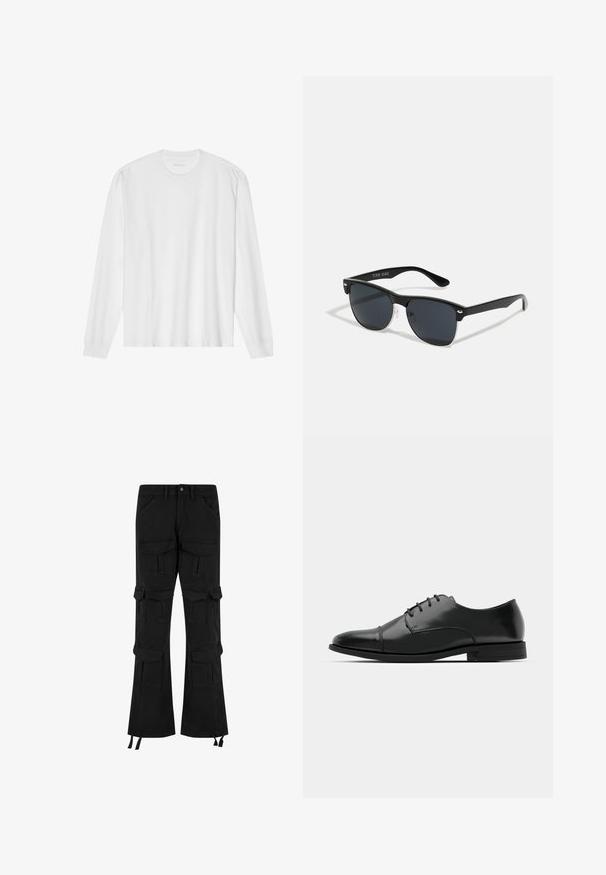 Pika, pikkide varrukatega valge puuvillane T-särk, millel on ümar kaelus ja soonikkoes mansetid. Lihtne, kaunistusteta disain, mis hõlmab siledat tekstuuri ja standardset sobivust.; Mustad teksapüksid, millel on mitmed taskud, lai sääre disain ja reguleeritavad nööbid allääres.; Must must esine tugeva varbaga, luku kinnitusega, peente õmblustete detailidega ja madala kontsaga. Sile tekstuur ja poleeritud viimistlus.; Mustad mustmikrooni kujuga mustad prillid, tumedate klaasidega, hõbedased detailid templite juures ja mati viimistlusega raam.