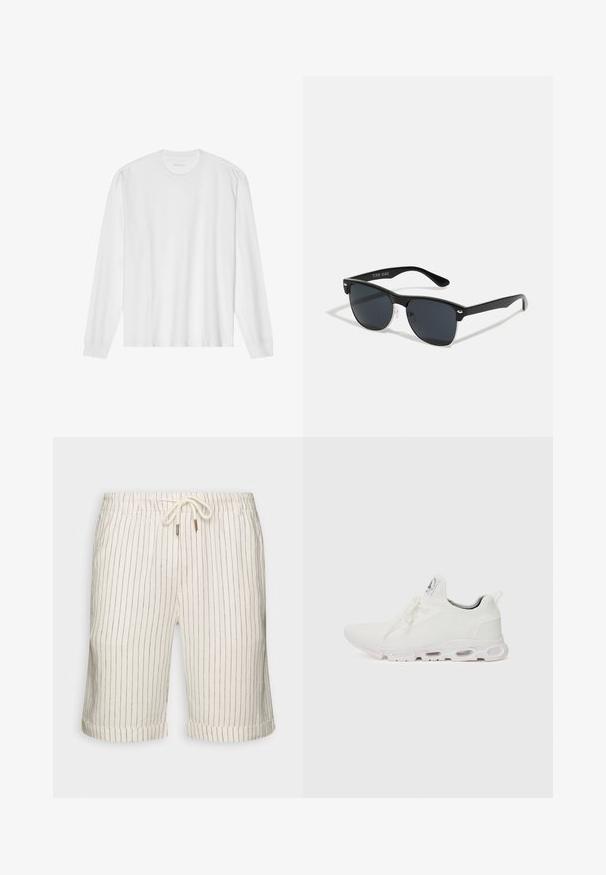 Camiseta de algodão branca de mangas longas com gola redonda e punhos canelados. Design simples e limpo, apresentando uma textura suave e um ajuste padrão.; Calções em mistura de linho de um tom bege claro com finas riscas verticais castanhas. Apresentam um cós elástico com cordão e bainhas dobradas.; Ténis atléticos brancos com um superior em malha texturizada, atacadores planos e uma sola acolchoada com câmaras de ar visíveis para maior suporte.; Óculos de sol pretos com forma retangular, lentes escuras, detalhes em prata nas hastes e um acabamento mate na armação.