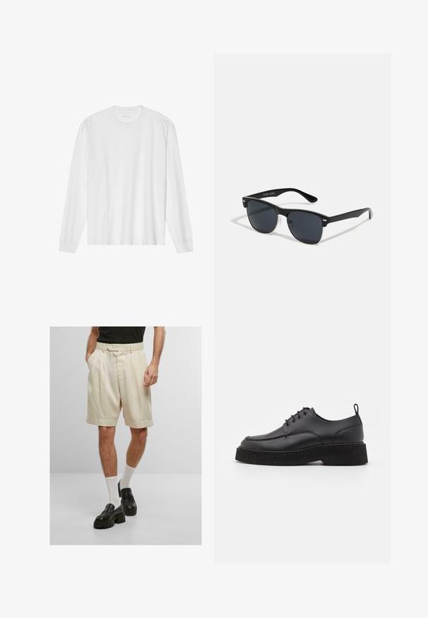 Long-sleeve white cotton t-shirt with a crew neck and ribbed cuffs. Simple, unembellished design, featuring smooth texture and standard fit.; Cream-colored pleated shorts with side pockets, a button closure, and folded cuffs, paired with black platform loafers and white socks.; Black leather lace-up shoe with a rounded toe, thick black platform sole, and decorative stitching along the edge. Smooth texture.; Black sunglasses with a rectangular shape, dark lenses, silver accents at the temples, and a matte finish on the frame.