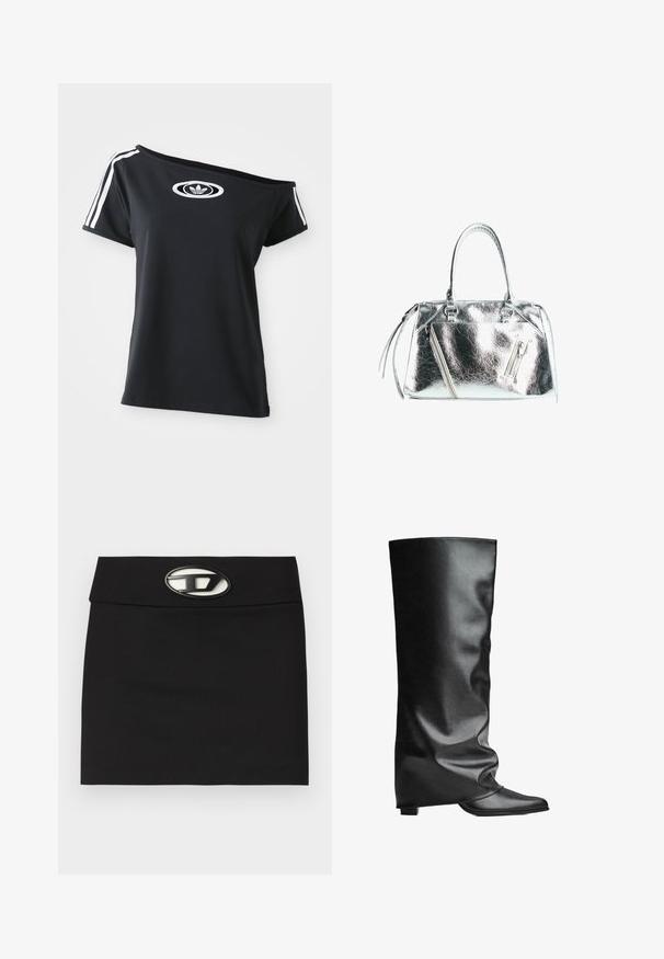 Černé tričko s odhalenými rameny a krátkými rukávy, se bílým logem Adidas a třemi bílými pruhy na ramenech. Hladká textilie.; Bílý krajkový body s dlouhými rukávy, vystupující s tkaným vzorem a nízkým designem na zádech, úzký ke vysokému vykrojení na nohou.; Černá mini sukně s plochým pasem. Na přední straně se nachází výrazná kovová spona s logem. Vyrobena z hladkého materiálu bez viditelných vzorů.; Černé kožené vysoké boty na kolena s hladkým povrchem, uvolněným designem, špičatou špičkou a nízkým čtvercovým podpatkem. Minimalistický styl bez viditelné kovové aplice.; Metalická stříbrná kabelka se strukturovaným tvarem, dvěma horními uchy a zipovými kapsami na přední straně. Hladký, lesklý povrch.
